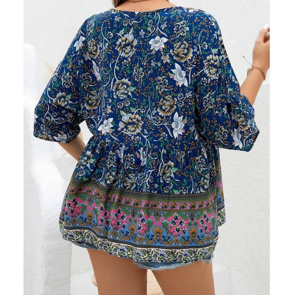 Plus Colorful Floral Print Neck Tie 3/4 Sleeve Blouse - Picture 5 of 11